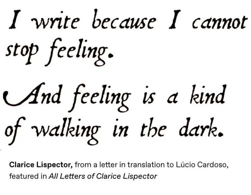 I write because I cannot stop feeling. And feeling is a kind of walking in the dark. — Clarice Lispector